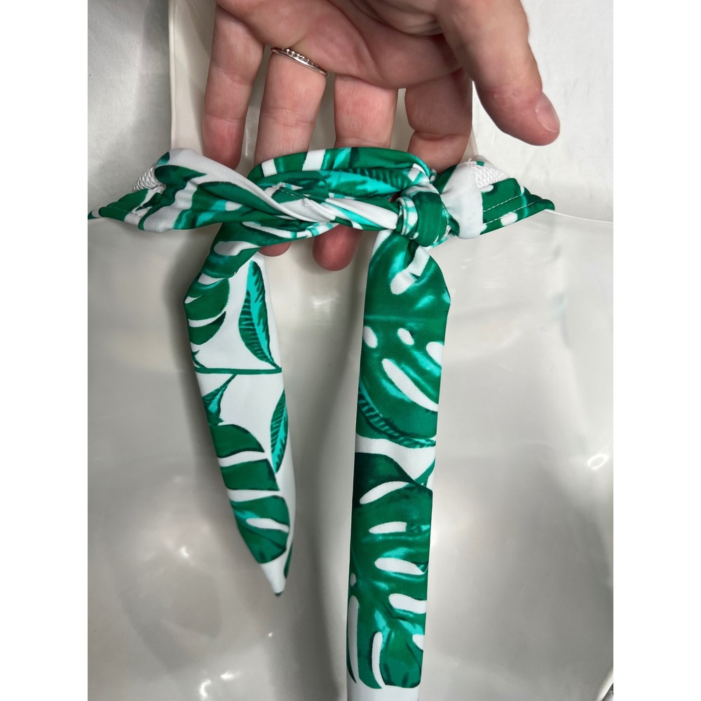 NWT Cocoship Green White Tropical Palm Print Halter Tassels Swimsuit Size 16 - Picture 7 of 10